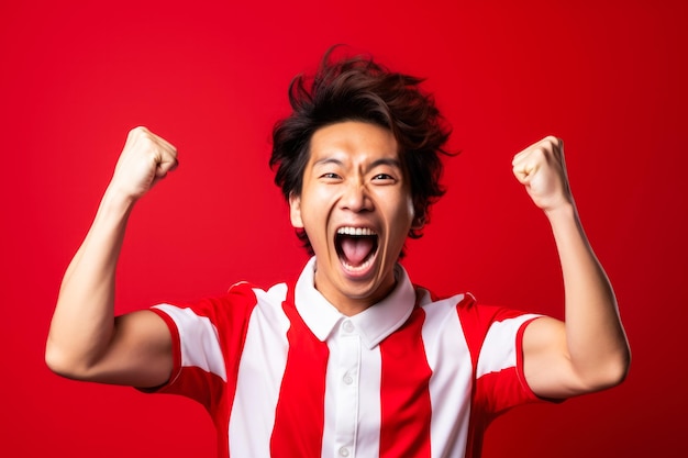 Japanese football fan celebrating a victory on red and white background with empty space for text