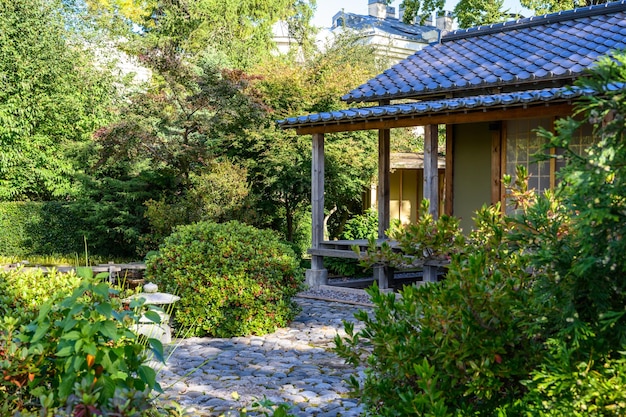 Japanese Garden botanical park in early autumn Sunny Autumn Day