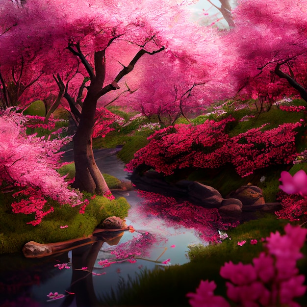 Japanese Garden Cherry Blossom Illustratie gemaakt door generatieve AI-technologie