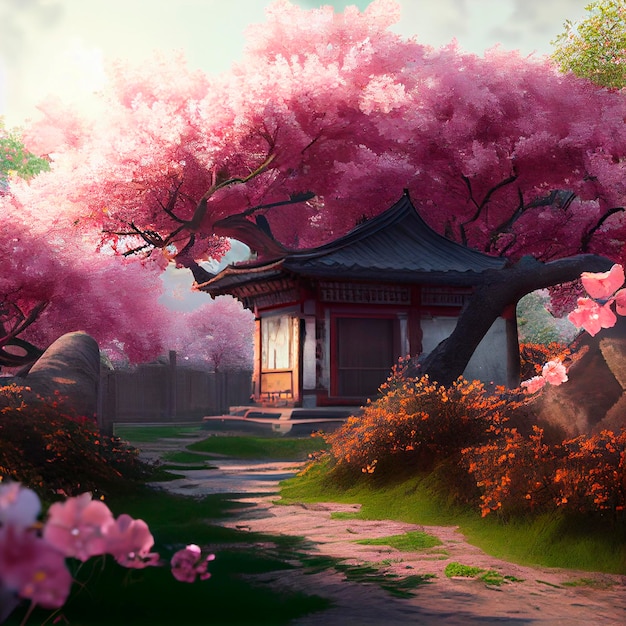 Japanese Garden Cherry Blossom Illustration created by Generative AI technology