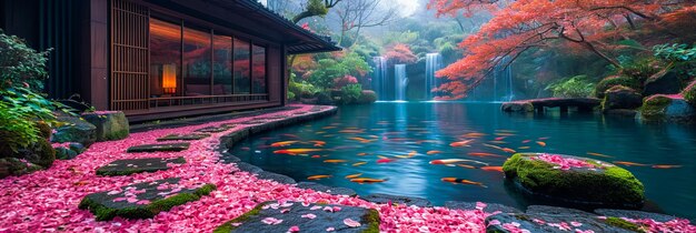 Photo japanese garden cherry blossom koi pond in full bloom