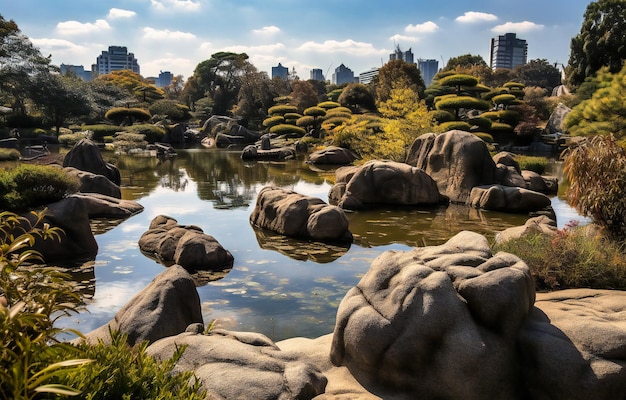 The japanese garden has rocks and water