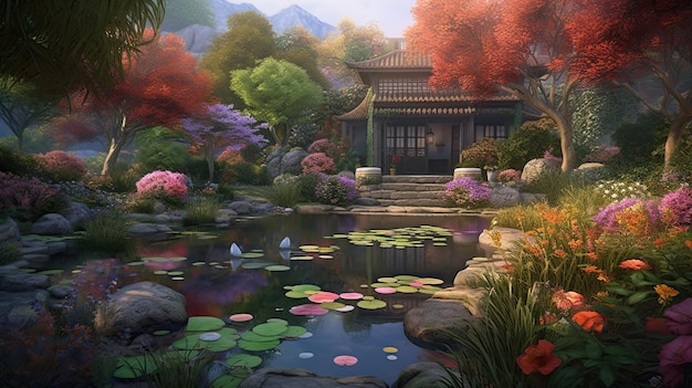 Japanese garden illustration with a pond trees and flowers