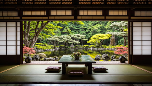 Japanese garden in the Japanese style with a lot of green trees and a table