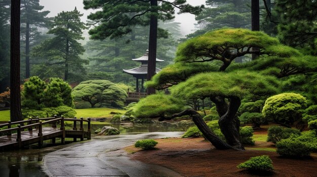 春の雨の中の日本の庭の松の木