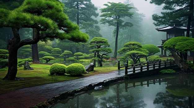 春の雨の中の日本の庭の松の木