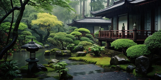 Japanese garden in the rain