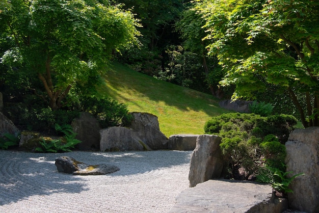 Japanese garden in summer landscape park Traditional Buddhist rock garden