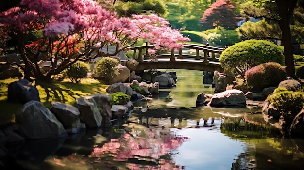 A japanese garden with a bridge and japanese garden in the background