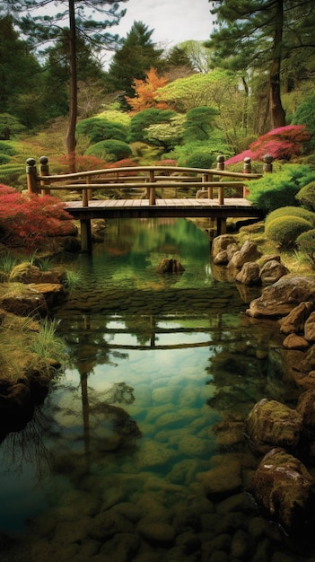 연못 위에 다리가 있는 일본 정원
