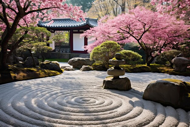 桜の花と石の円の日本の庭園 - 春の AI