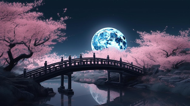 桜と橋のある日本庭園生成ai