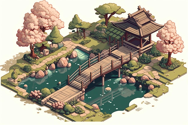 Japanese garden with cherry blossoms