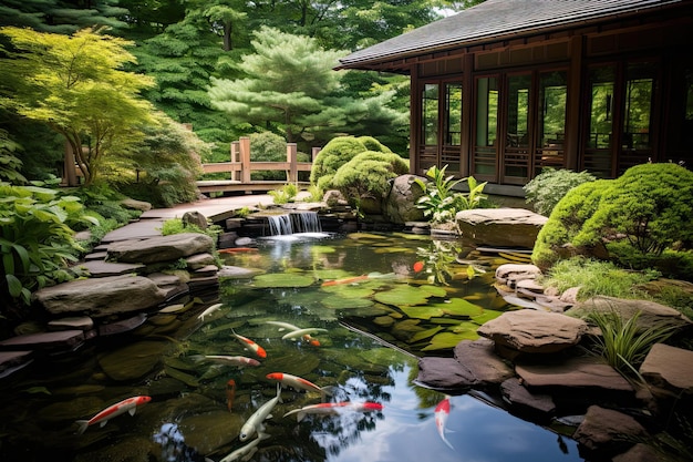 Japanese garden with koi fish in the pond japanese style AI Generated