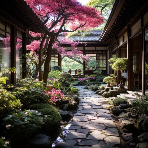 Photo japanese garden with pink flowers and stone path