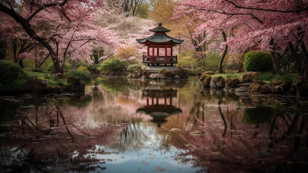 연못과 탑이 배경에 있는 일본 정원