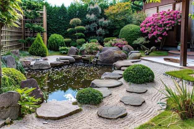 A Japanese garden with a pond and rocks