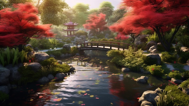 Foto giardino giapponese con un fiume e gazeboo giapponese ai generative