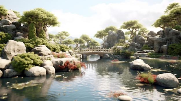 японский сад с рекой и японской беседкой Ai Generative