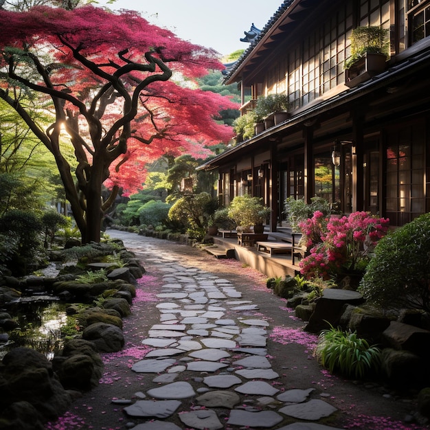 伝統的な家と石の道がある日本庭園