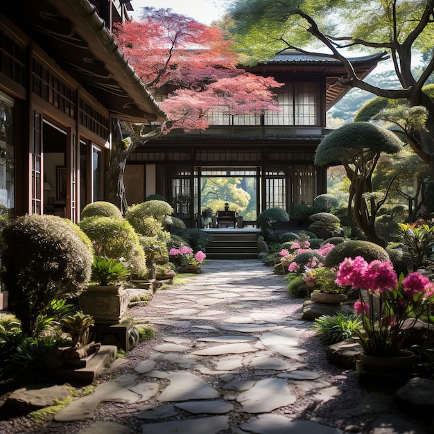 Japanese garden with traditional house and stone path