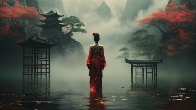 japanese geisha in the fog by the lake
