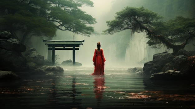 japanese geisha in the fog by the lake