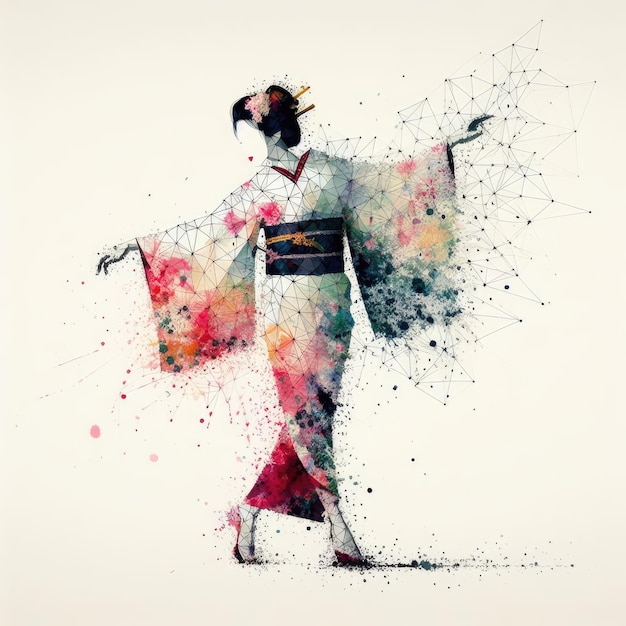 Japanese geisha in kimono dress in splash ink painting and triangle with Generative AI