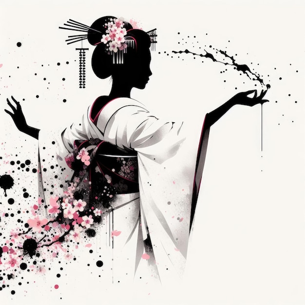 Japanese geisha in kimono dress in splash ink painting with Generative AI