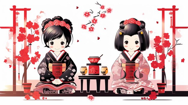 Japanese girl and boy in traditional kimono Vector illustration