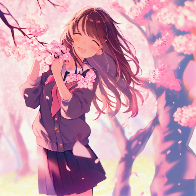 Japanese girl under cherry blossom tree landscape anime manga illustration