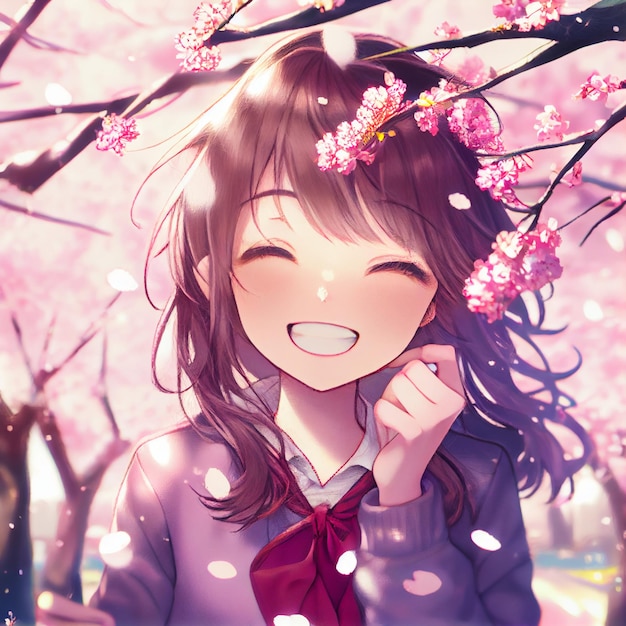 Japanese girl under cherry blossom tree landscape anime manga illustration