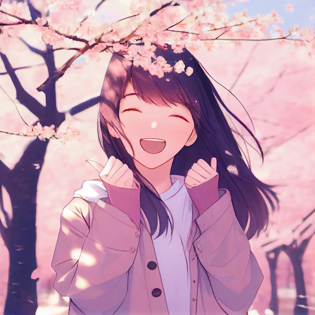 Japanese girl under cherry blossom tree landscape anime manga illustration