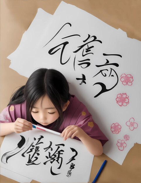 japanese girl draws japanese characters