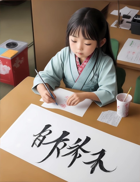 写真 日本の女の子は日本文字を描く