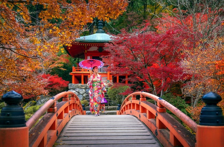 Photo japanese girl in kimono traditional dress walk in red bridge in daigoji temple