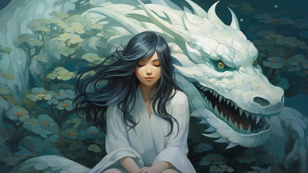 Japanese girl sitting with a dragon in the forest fairytale artwork watercolor illustration