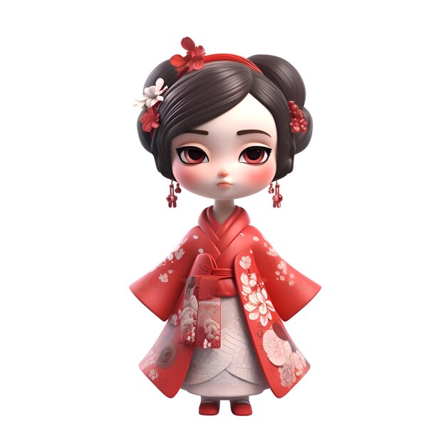 흰색 배경에 빨간 기모노를 입은 일본 소녀