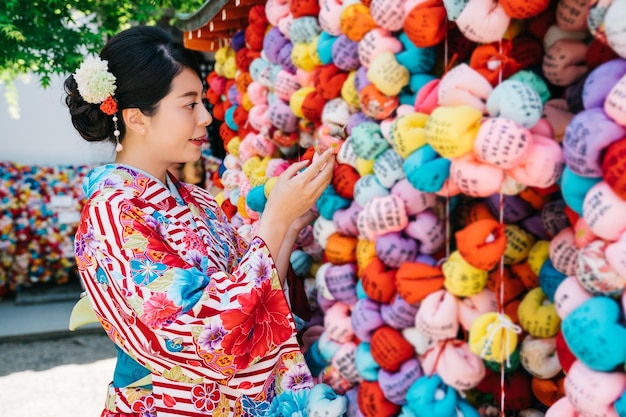 Японская девушка в традиционной одежде вешает свой молитвенный шар на красочную стену благословения. привлекательная молодая девушка в дамском кимоно в киото. традиционный образ жизни в японии.
