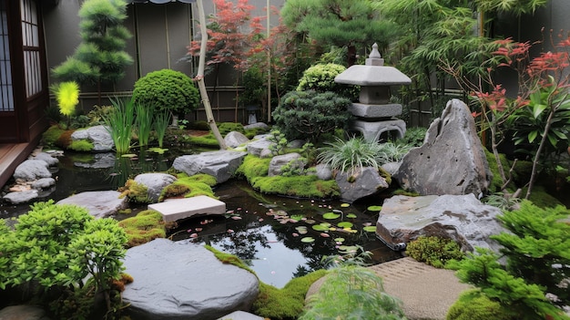 Photo japanese green garden stone lantern pond with koi fishes and trees