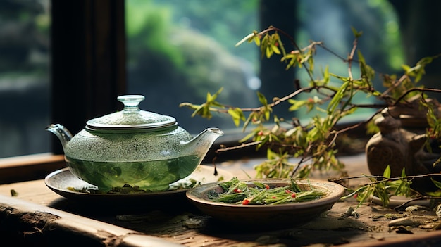 Japanese Green tea setup with smoke and sun lighting bluer background