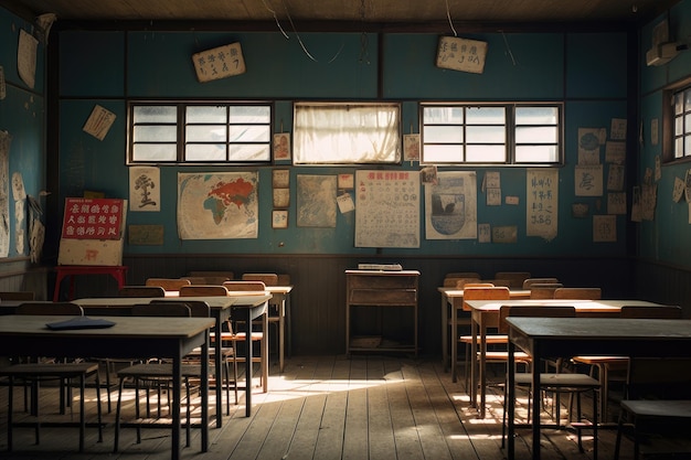 Japanese high school with desks and blackboard