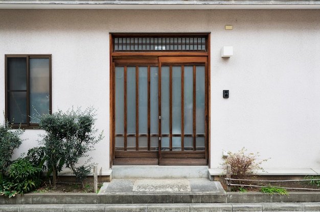 Japanese house entrance with windows