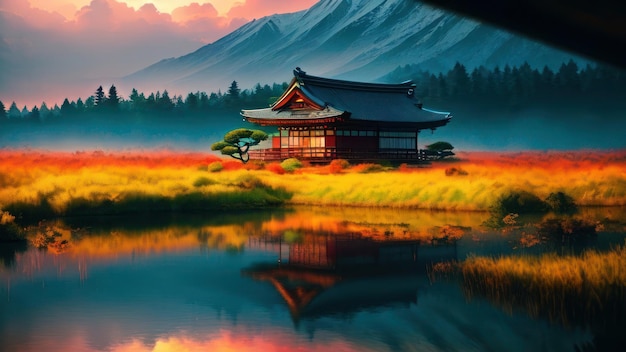 산을 배경으로 들판에 있는 일본 가옥