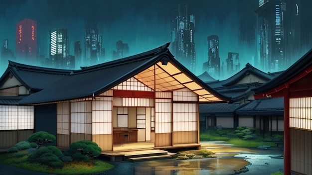 Japanese house in front of a futuristic city