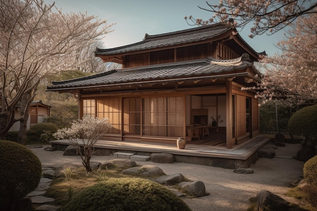 A japanese house in a garden with a tree in the background