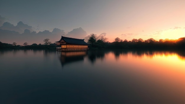 A japanese house in lake and mountain with the sun