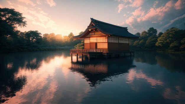 A japanese house on the water with a sunset in the background