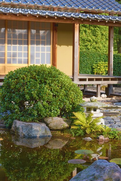 Japanese house with a pond and trees in the background