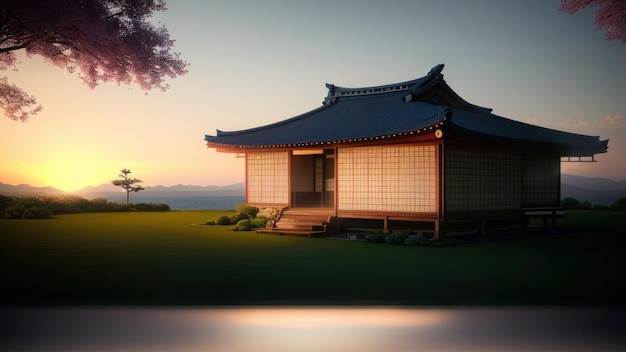 A japanese house with a sunset in the background